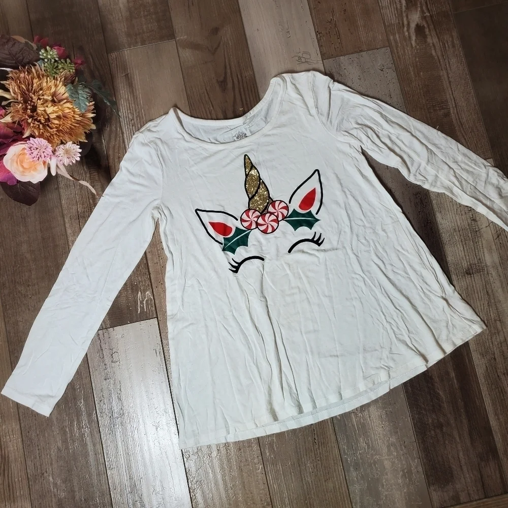 Justice Girls Christmas Holiday Unicorn Long Sleeve Tee Shirt Size 12 EUC